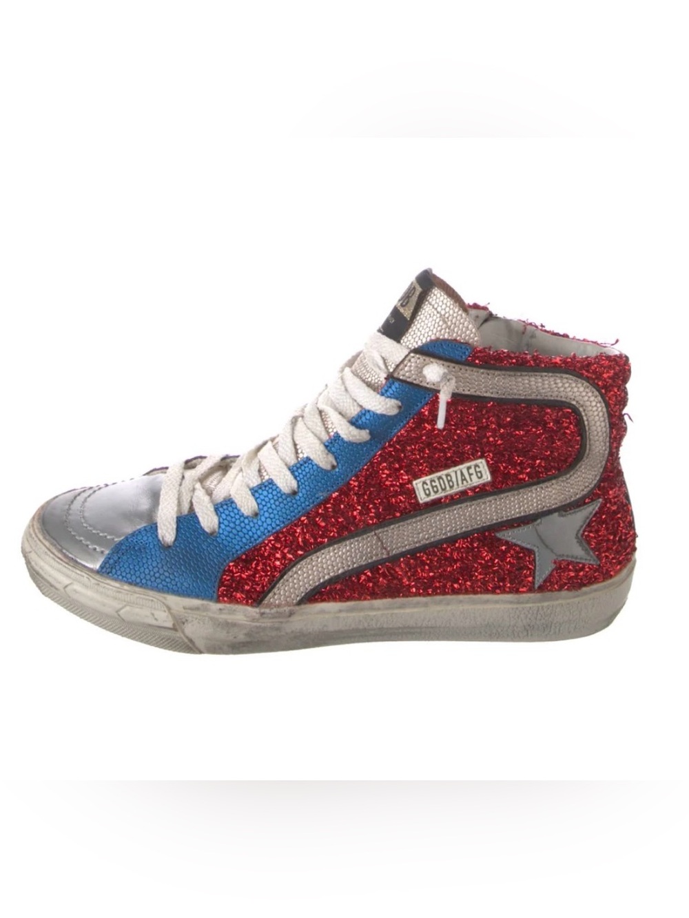 Golden Goose Red Glitter & Blue High-Top Sneaker